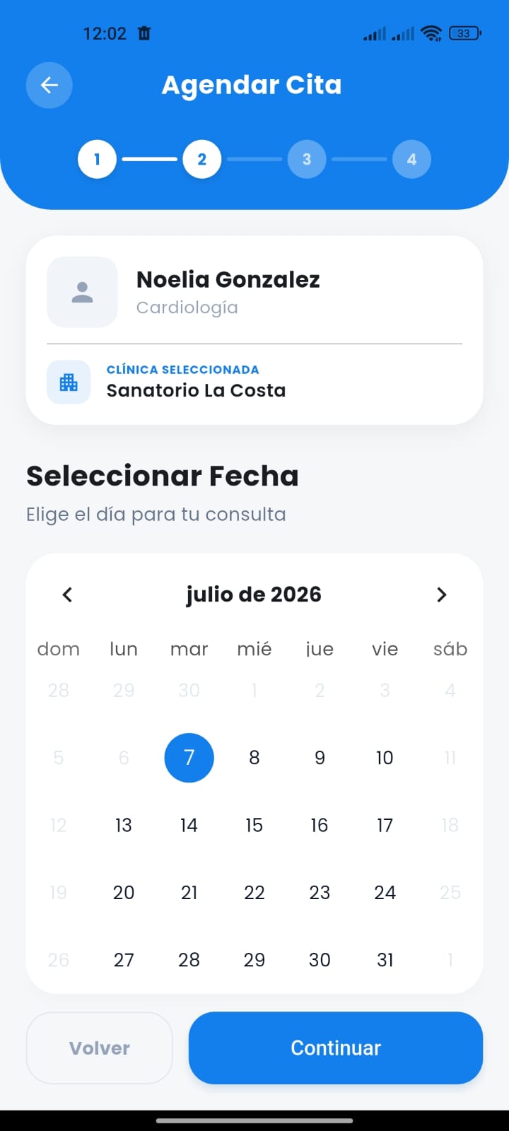 Selección de fecha para agendar una cita médica dentro del flujo de reserva de turno