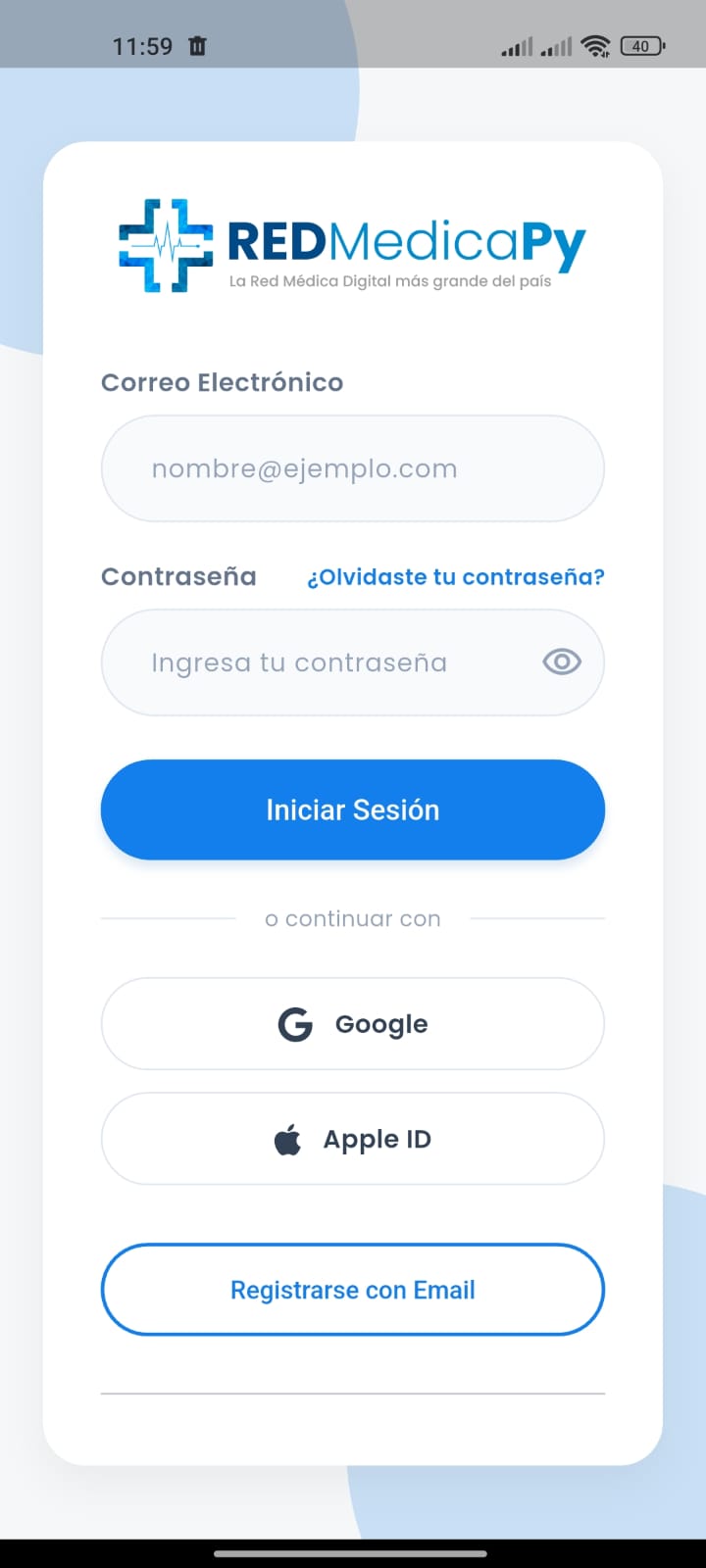 Pantalla de inicio de sesión de RedMedicaPy con opciones de Google y Apple ID