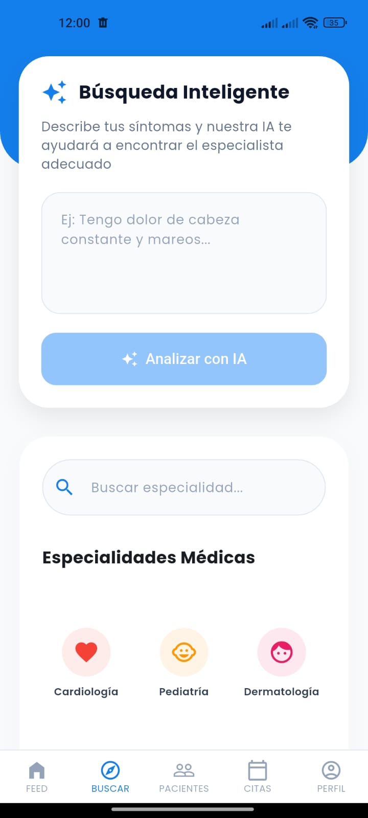 Grid de especialidades médicas disponibles en RedMedicaPy: cardiología, pediatría, dermatología, neurología y más
